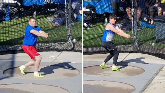 Collage of two photos of Reznor Rokicki and Kevin Vigneault Throwing the Hammer