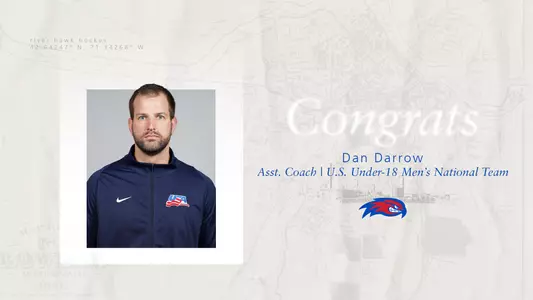 Graphic showing a headshot of Dan Darrow and congratulating him on becoming an assistant coach for the U.S. Under-18 Men’s National Team at the 2026 IIHF Under-18 Men’s World Championship