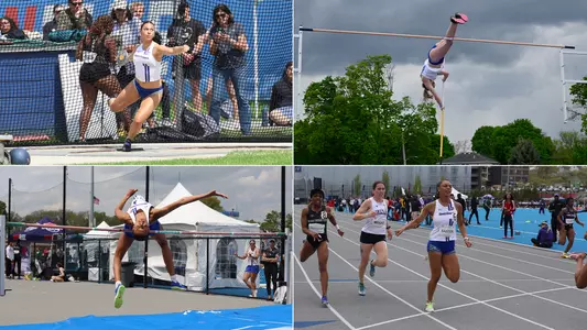 Collage of Jayani Santos Running, Zoe Clarke throwing discus, Una Brice in Pole Vault, and Avery Pitts in High Jump