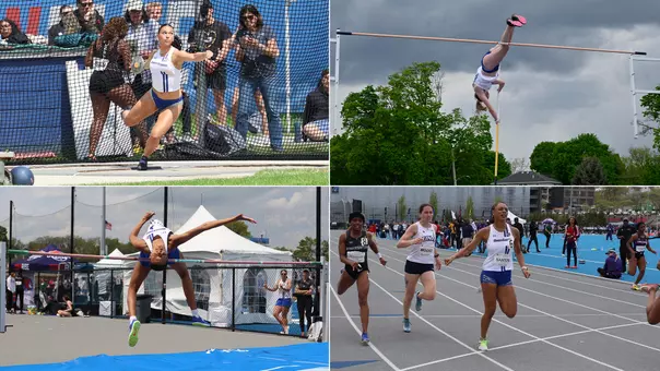 Collage of Jayani Santos Running, Zoe Clarke throwing discus, Una Brice in Pole Vault, and Avery Pitts in High Jump