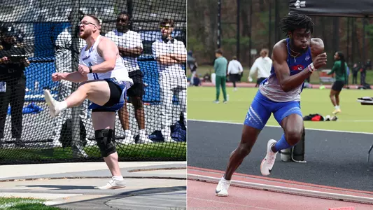 Ian Camerato throwing shot put and Basit Iddriss Running