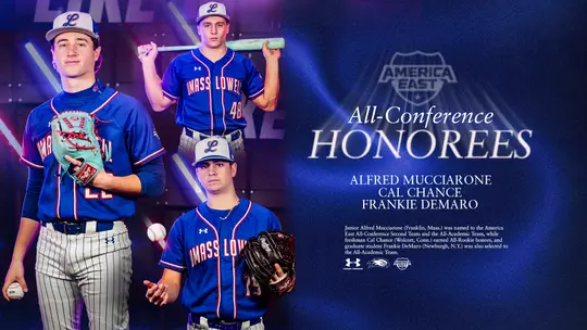 UMass Lowell baseball players on a graphic honoring their recognition for being selected as America East All-Conference Honorees