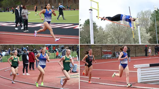 Photos of Miana Caraballo, Mia Jones, and Delaney Swanson Running, and Una Brice Pole Vaulting