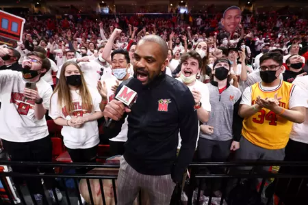 Juan Dixon, 2002 National Championship Team Recognized
Maryland Terrapins vs. #22 Ohio State at XFINITY Center in College Park, MD on Sunday, Feb. 27, 2022.
Zach Bland/Maryland Terrapins