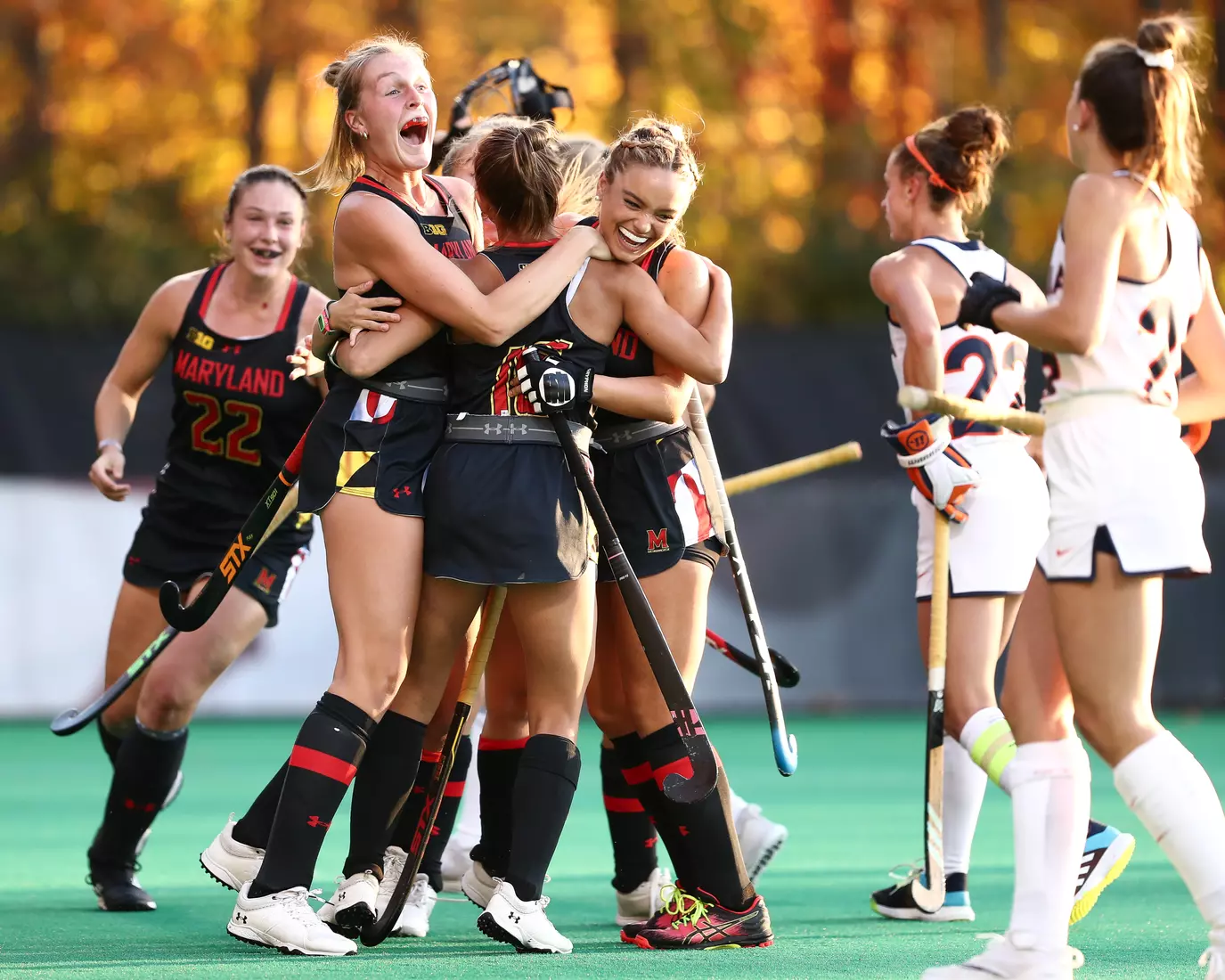 Midfielder Emma DeBerdine (16), Midfielder/Forward Taylor Mason (9), Midfielder Julianna Tornetta (11).
#5 Maryland Terrapins vs. #13 Virginia Cavaliers at Maryland Field Hockey Complex in College Park, MD on Friday, Nov. 12, 2021.
Zach Bland/Maryland Terrapins