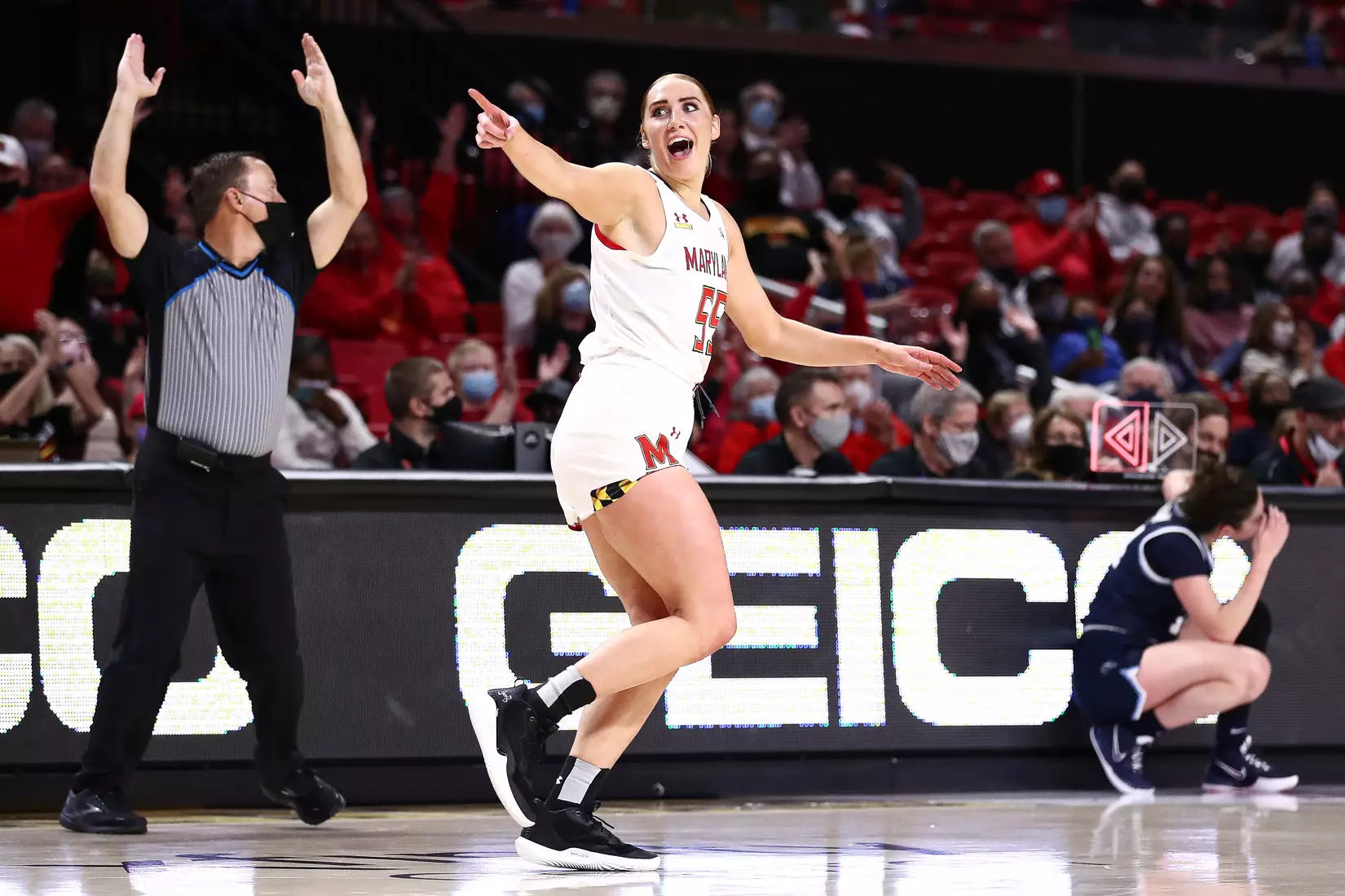 Chloe Bibby (55) scores her 1000th career point.
#4 Maryland Terrapins vs. Villanova Wildcats at XFINITY Center in College Park, MD on Friday, Nov. 12, 2021.
Zach Bland/Maryland Terrapins