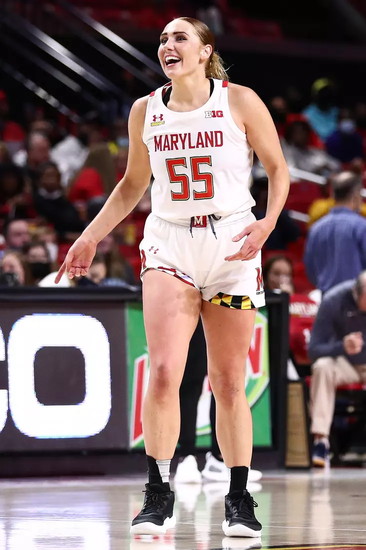 Chloe Bibby (55) scores her 1000th career point.
#4 Maryland Terrapins vs. Villanova Wildcats at XFINITY Center in College Park, MD on Friday, Nov. 12, 2021.
Zach Bland/Maryland Terrapins