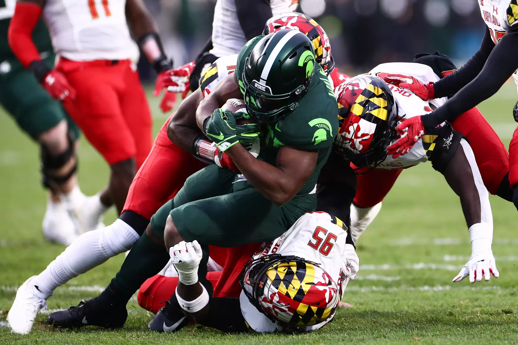 Defensive line Lawtez Rogers (95), Defensive line Sam Okuayinonu (97), Defensive back Jordan Mosley (18)
Maryland Terrapins vs. #8 Michigan State Spartans at Spartan Stadium in East Lansing, MI on Saturday, Nov. 13, 2021.
Maddie Kyler/Maryland Terrapins