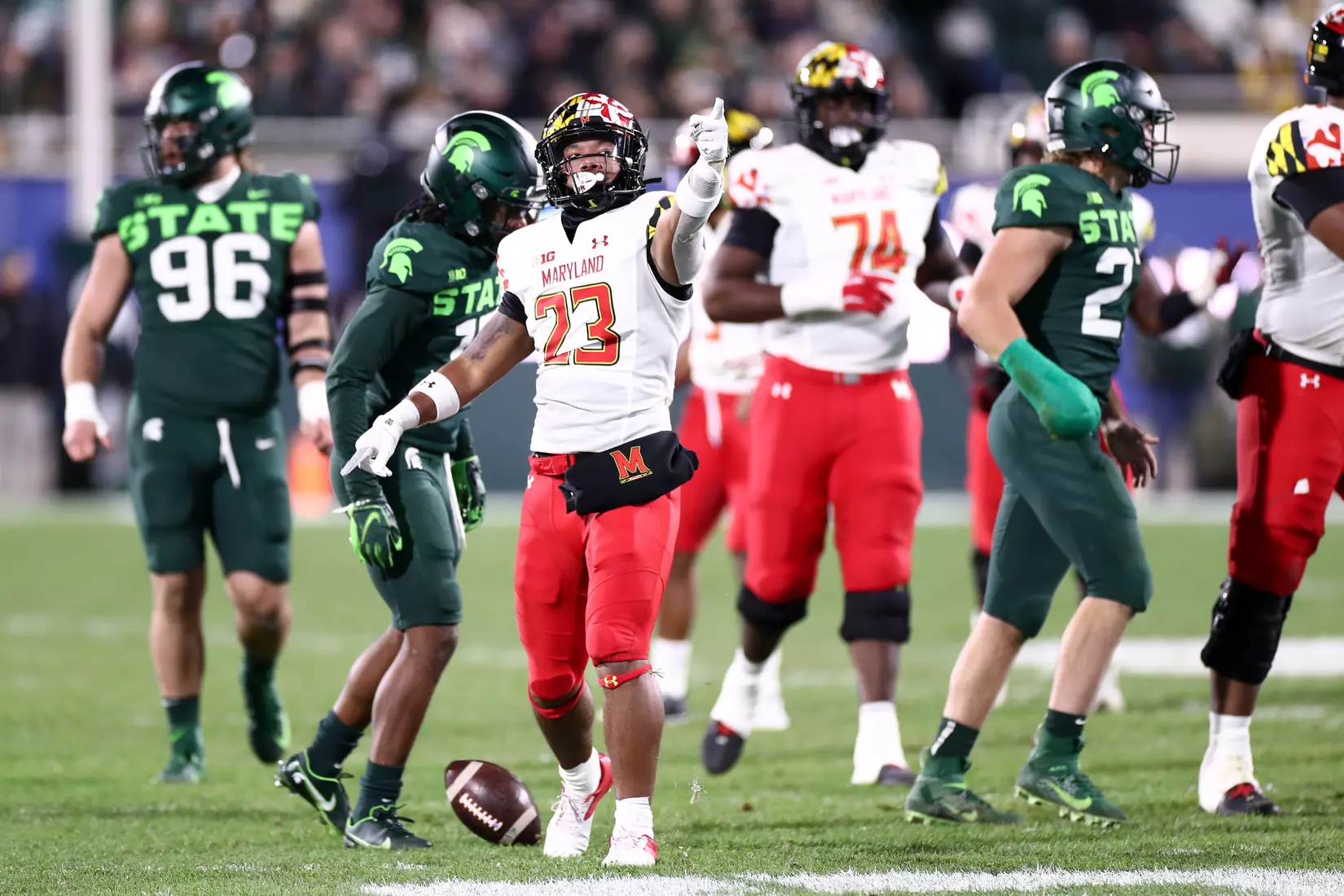 Running back Colby McDonald (23) celebrates a run for a first down.
Maryland Terrapins vs. #8 Michigan State Spartans at Spartan Stadium in East Lansing, MI on Saturday, Nov. 13, 2021.
Maddie Kyler/Maryland Terrapins
