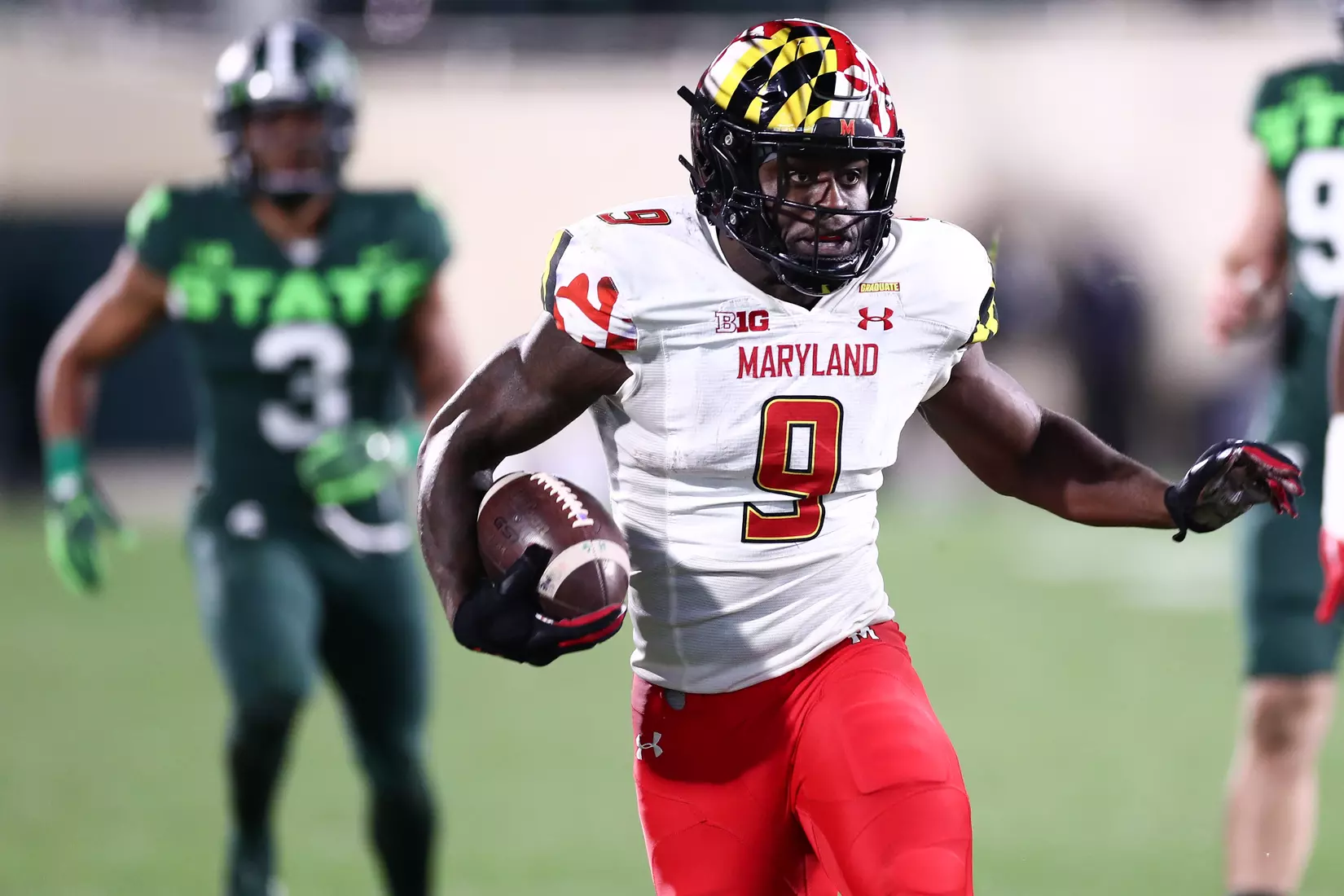 Tight end Chigoziem Okonkwo (9) runs for a touchdown.
Maryland Terrapins vs. #8 Michigan State Spartans at Spartan Stadium in East Lansing, MI on Saturday, Nov. 13, 2021.
Maddie Kyler/Maryland Terrapins