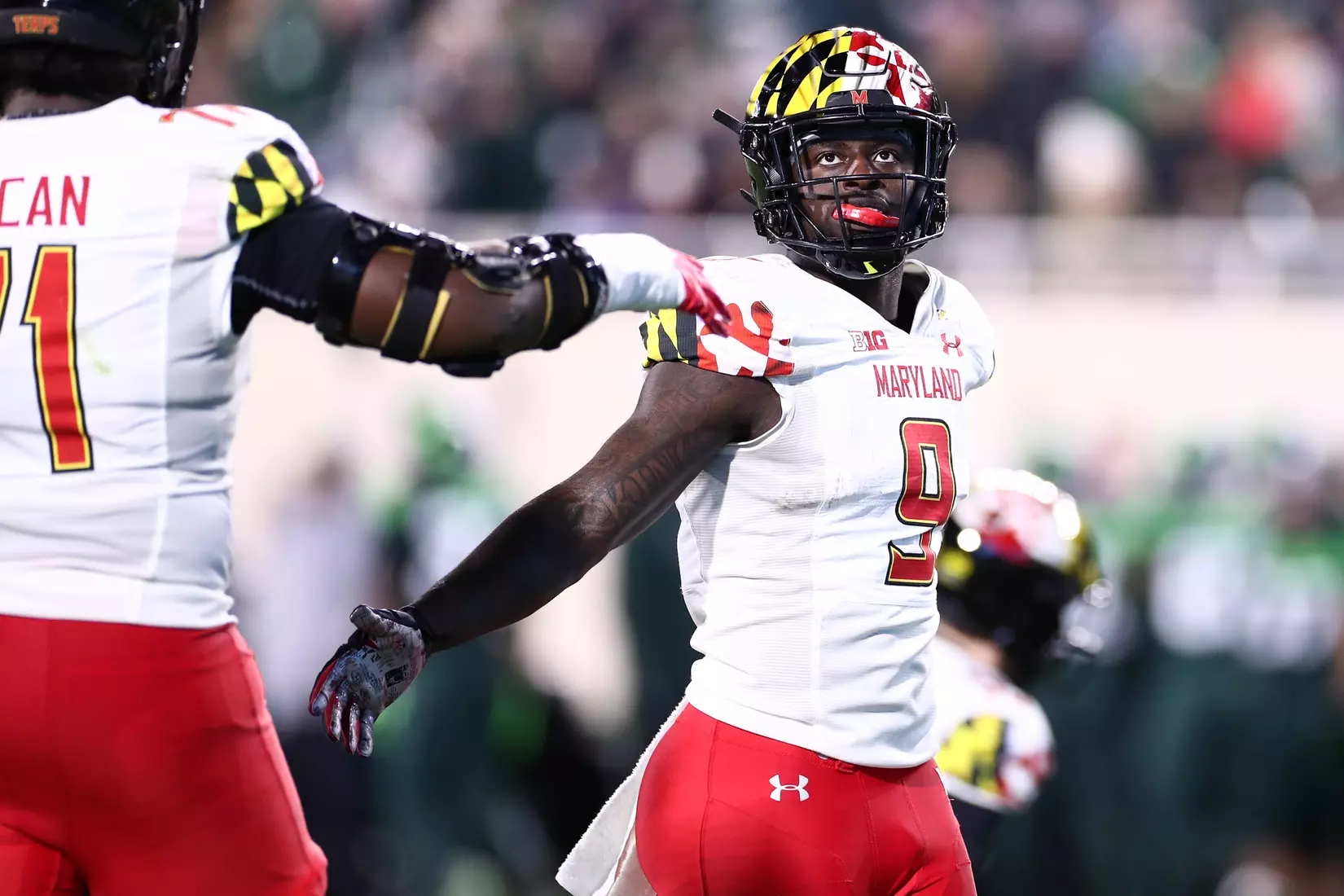 Tight end Chigoziem Okonkwo (9) celebrates a touchdown.
Maryland Terrapins vs. #8 Michigan State Spartans at Spartan Stadium in East Lansing, MI on Saturday, Nov. 13, 2021.
Maddie Kyler/Maryland Terrapins