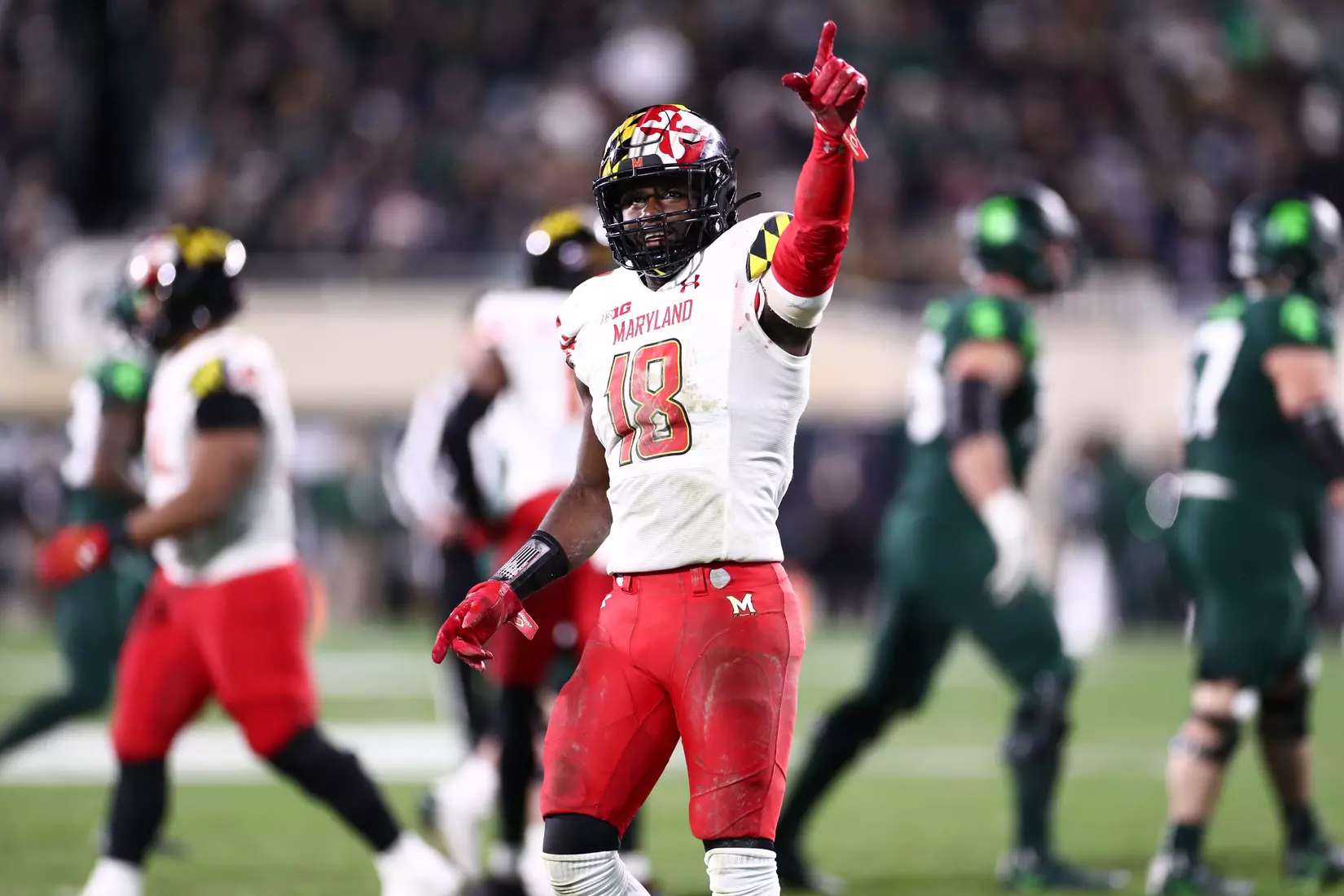 Defensive back Jordan Mosley (18)
Maryland Terrapins vs. #8 Michigan State Spartans at Spartan Stadium in East Lansing, MI on Saturday, Nov. 13, 2021.
Maddie Kyler/Maryland Terrapins