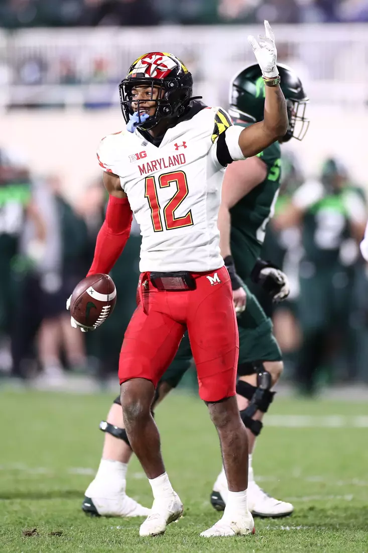 Defensive back Tarheeb Still (12) celebrates recovering a fumble.
Maryland Terrapins vs. #8 Michigan State Spartans at Spartan Stadium in East Lansing, MI on Saturday, Nov. 13, 2021.
Maddie Kyler/Maryland Terrapins