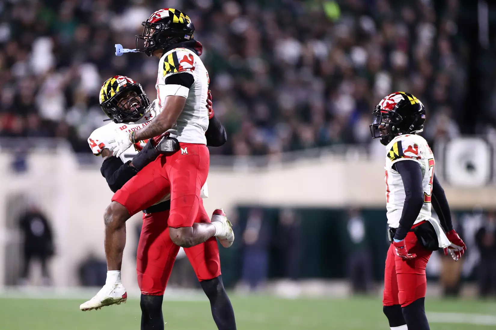Defensive back Tarheeb Still (12) celebrates recovering a fumble with Linebacker Ahmad McCullough (19).
Maryland Terrapins vs. #8 Michigan State Spartans at Spartan Stadium in East Lansing, MI on Saturday, Nov. 13, 2021.
Maddie Kyler/Maryland Terrapins