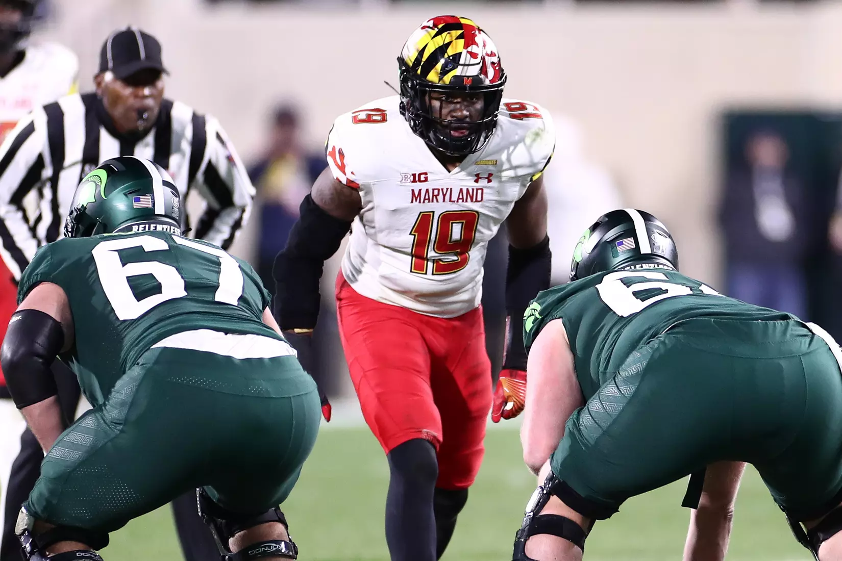 Linebacker Ahmad McCullough (19)
Maryland Terrapins vs. #8 Michigan State Spartans at Spartan Stadium in East Lansing, MI on Saturday, Nov. 13, 2021.
Maddie Kyler/Maryland Terrapins