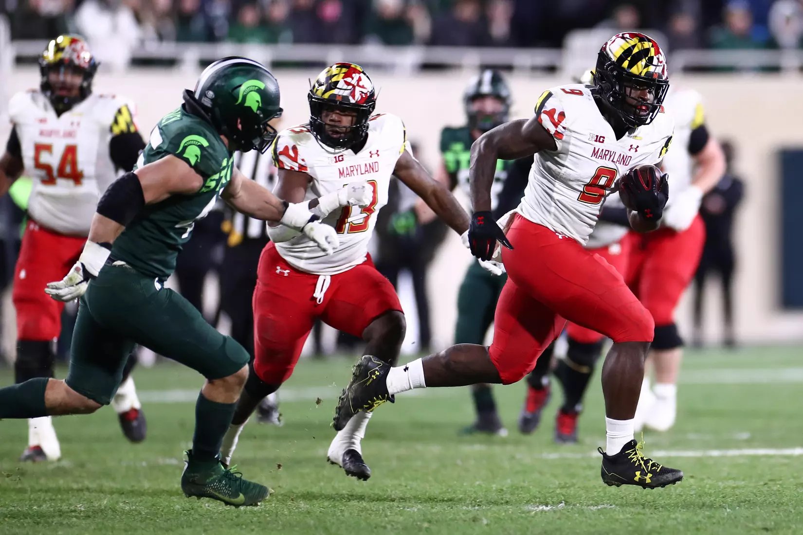 Tight end Chigoziem Okonkwo (9)
Maryland Terrapins vs. #8 Michigan State Spartans at Spartan Stadium in East Lansing, MI on Saturday, Nov. 13, 2021.
Maddie Kyler/Maryland Terrapins