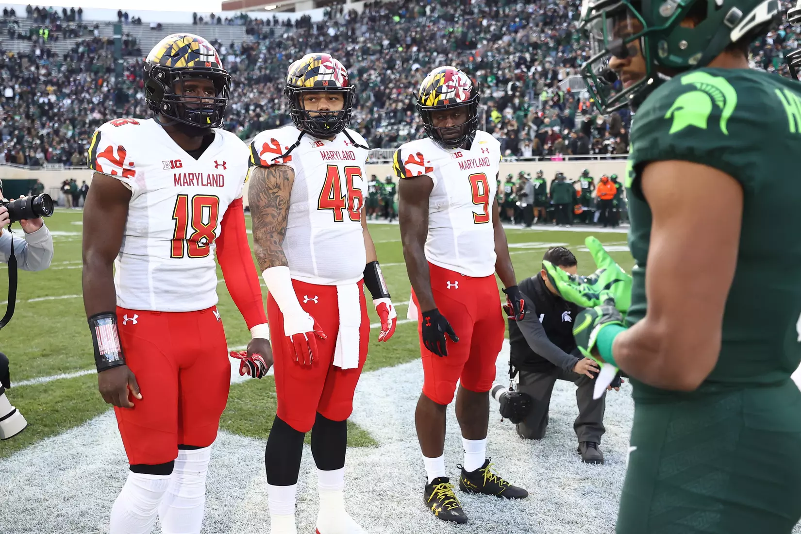 Defensive back Jordan Mosley (18), Defensive line Greg Rose (46), Tight end Chigoziem Okonkwo (9)
Maryland Terrapins vs. #8 Michigan State Spartans at Spartan Stadium in East Lansing, MI on Saturday, Nov. 13, 2021.
Maddie Kyler/Maryland Terrapins