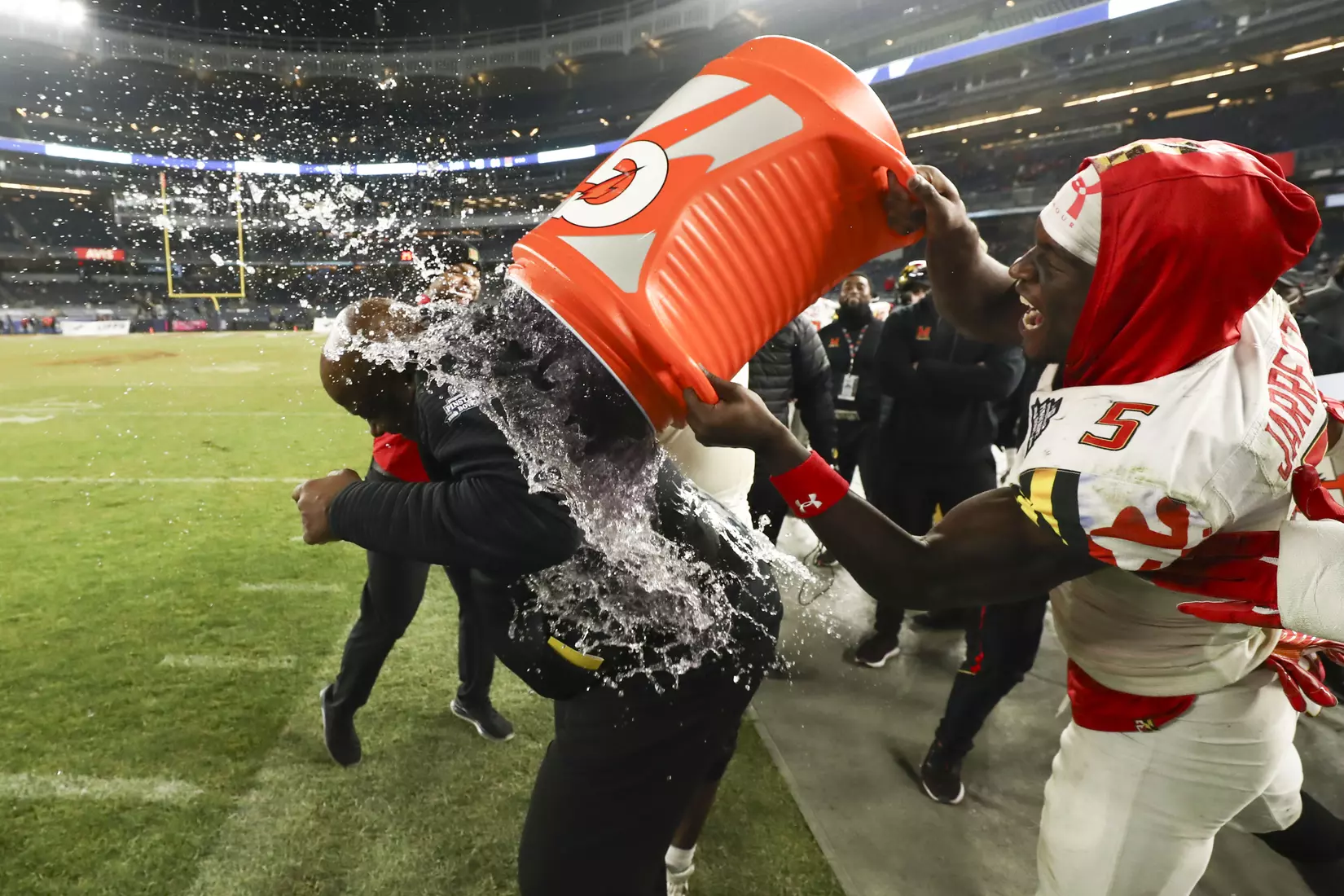 Head coach Michael Locksley gets drenched in Gatorade.
Pinstripe Bowl: Maryland Terrapins vs. Virginia Tech Hokies at Yankee Stadium in Bronx, NY on Wednesday, Dec. 29, 2021.
Zach Bland/Maryland Terrapins