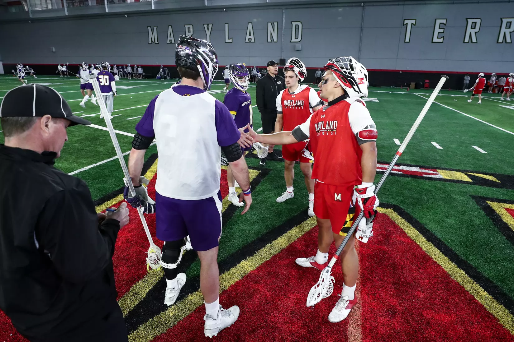 Brett Makar (43) and Roman Puglise (8). Maryland Terrapins vs. the Albany Great Danes at Jones-Hill House in College Park, MD on Saturday March 12, 2022. Taylor McLaughlin/Maryland Terrapins