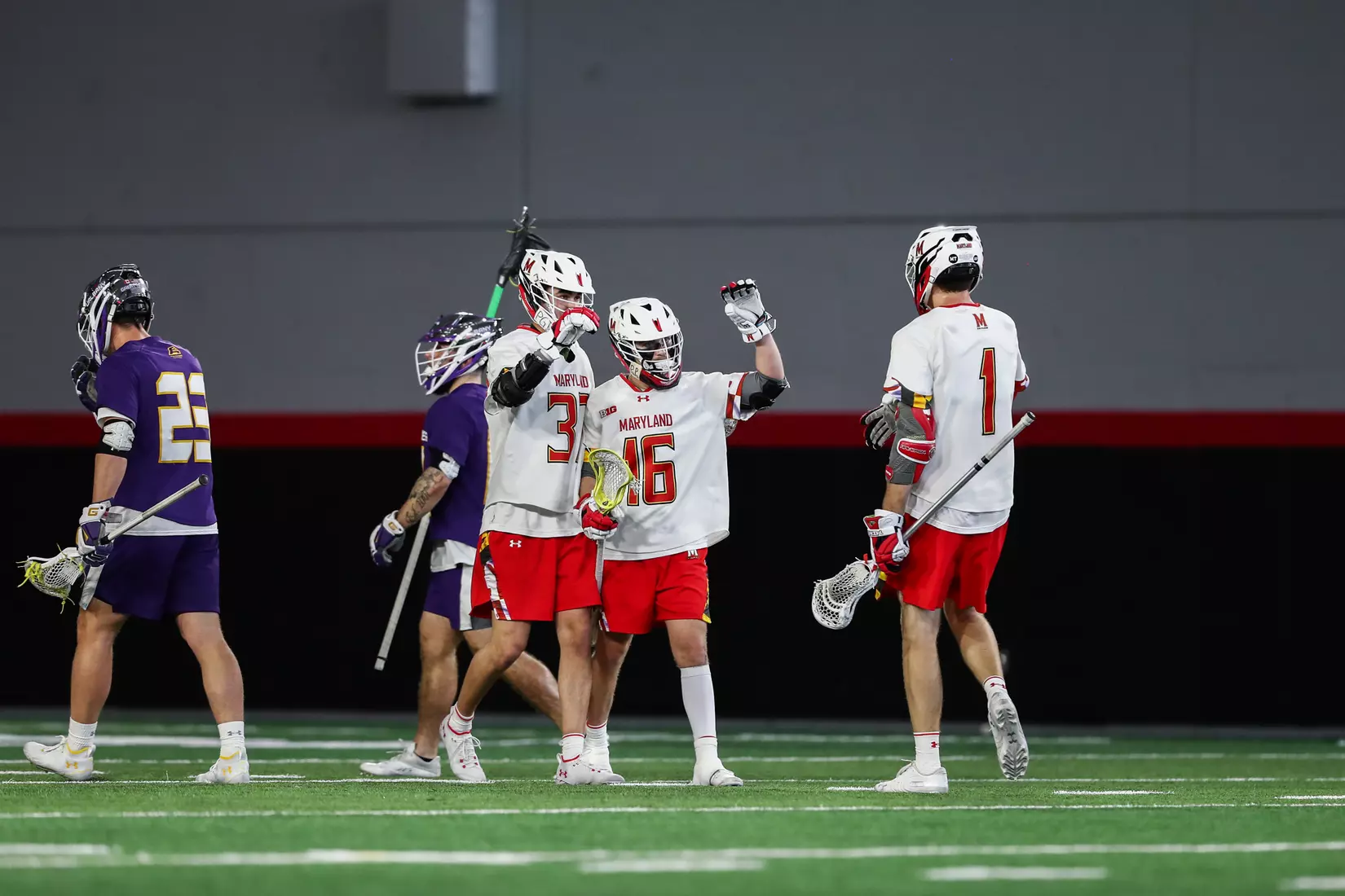 Anthony DeMaio (16) and Logan Wisnauskas (1). Maryland Terrapins vs. the Albany Great Danes at Jones-Hill House in College Park, MD on Saturday March 12, 2022. Taylor McLaughlin/Maryland Terrapins