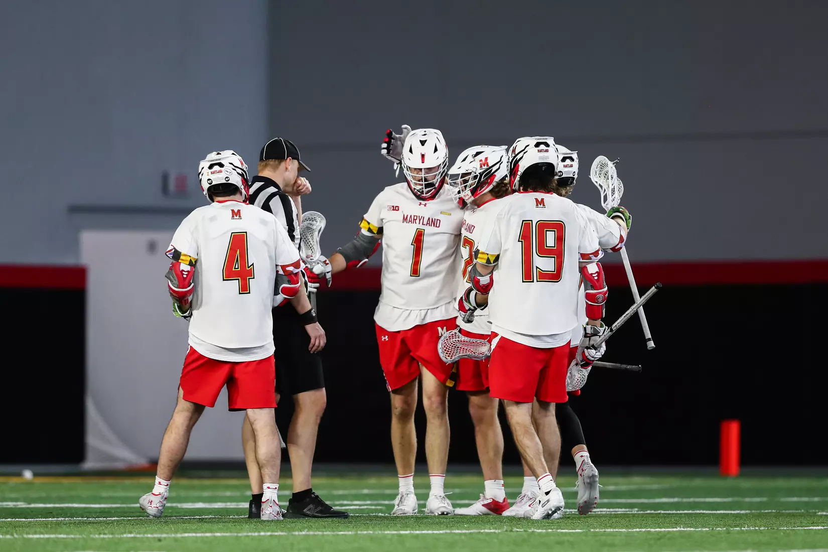 Logan Wisnauskas (1), Keegan Khan (19) and Eric Malever (4). Maryland Terrapins vs. the Albany Great Danes at Jones-Hill House in College Park, MD on Saturday March 12, 2022. Taylor McLaughlin/Maryland Terrapins