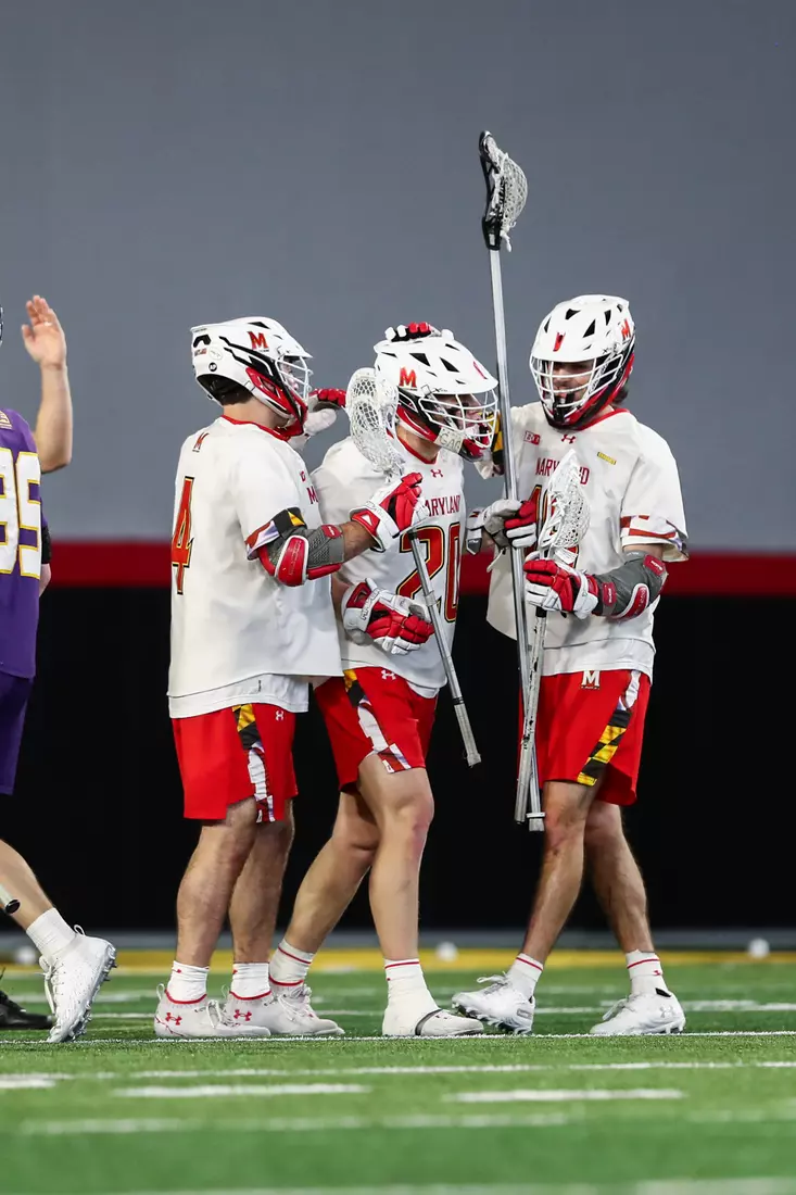 John Geppert (20), Eric Malever (4) and Keegan Khan (19). Maryland Terrapins vs. the Albany Great Danes at Jones-Hill House in College Park, MD on Saturday March 12, 2022. Taylor McLaughlin/Maryland Terrapins