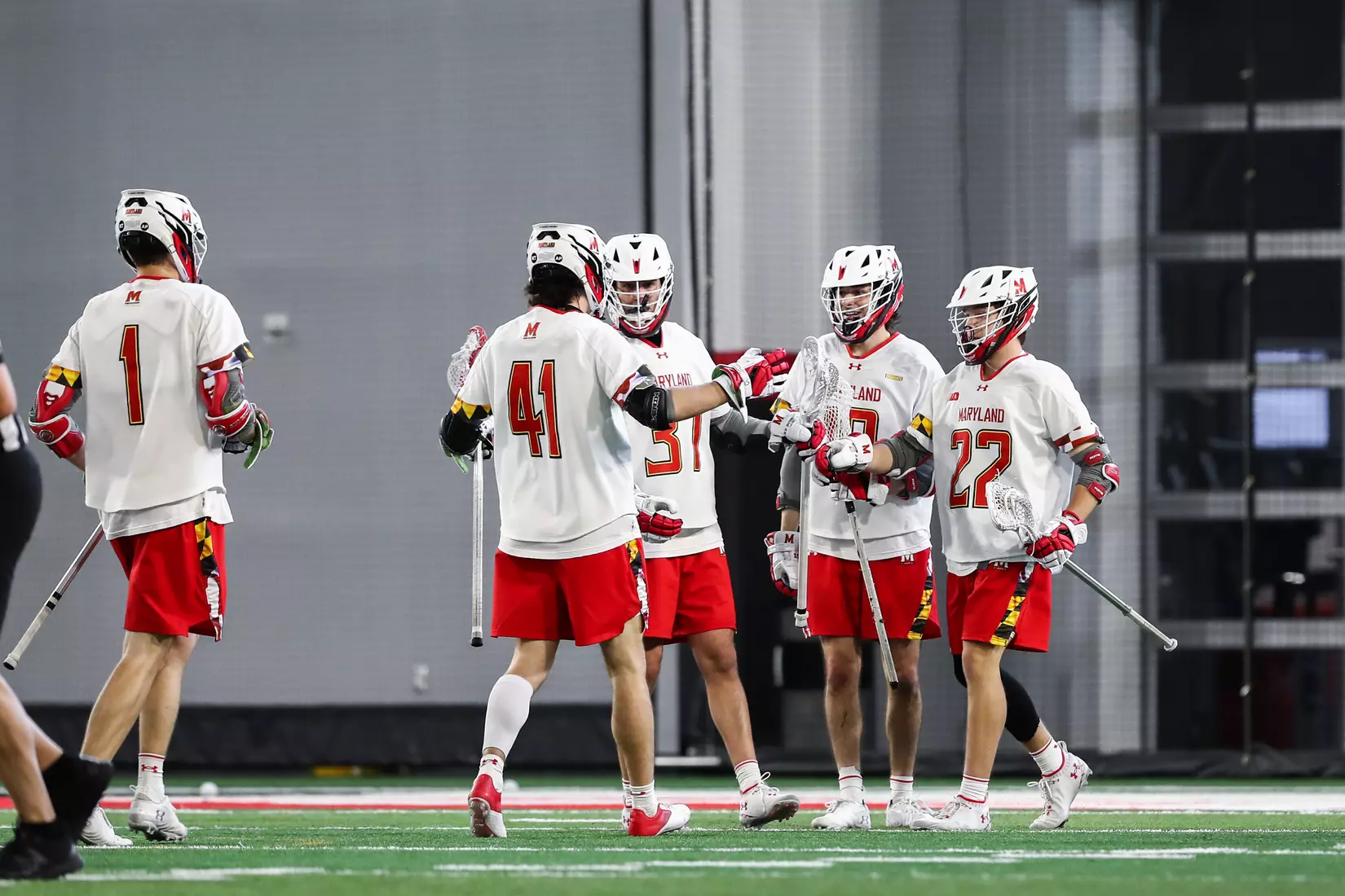 Daniel Maltz (37), Jack Brennan (41), Kack Koras (22) and Keegan Khan (19). Maryland Terrapins vs. the Albany Great Danes at Jones-Hill House in College Park, MD on Saturday March 12, 2022. Taylor McLaughlin/Maryland Terrapins