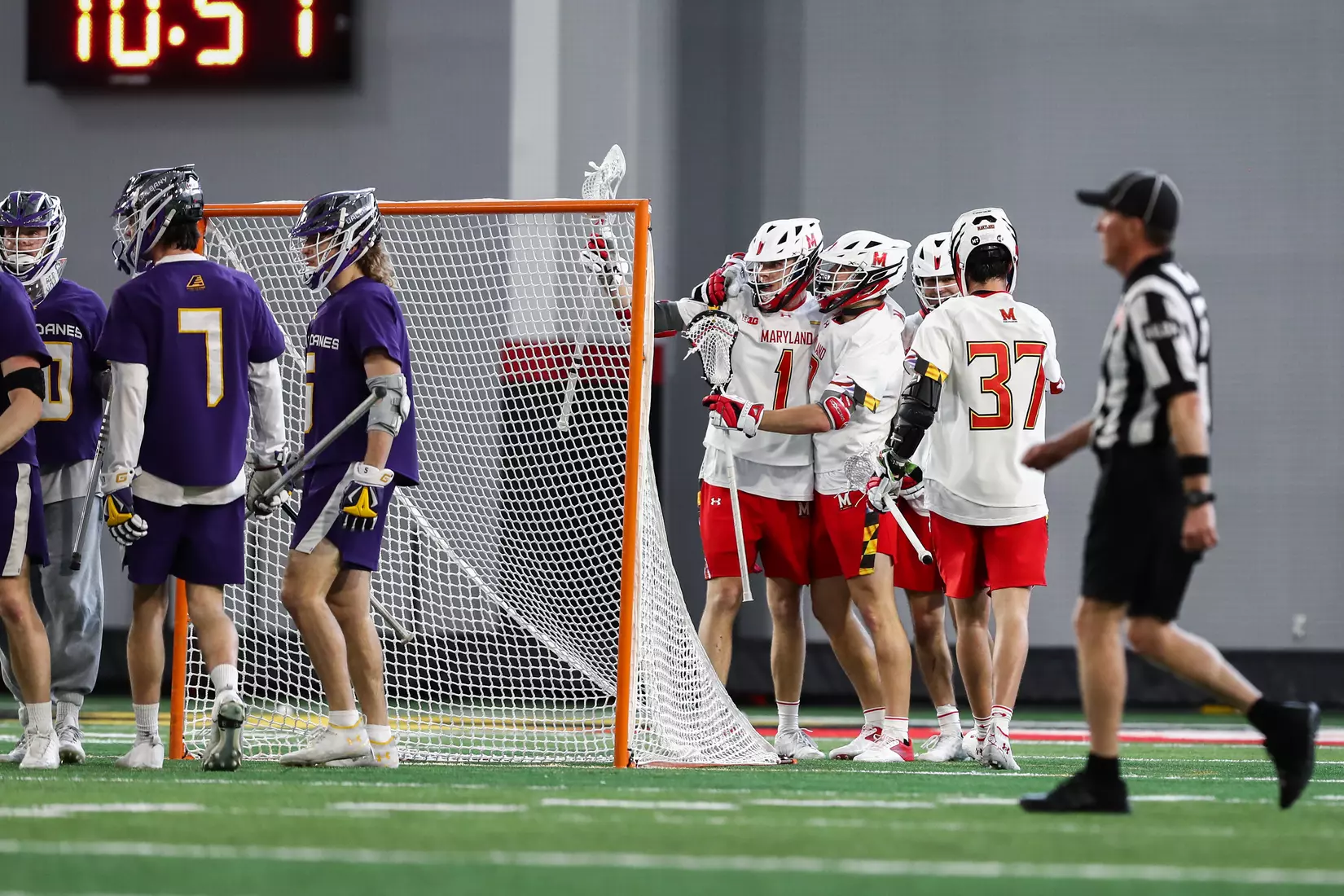 Bubba Fairman (2), Logan Wisnauskas (1) and Daniel Maltz (37). Maryland Terrapins vs. the Albany Great Danes at Jones-Hill House in College Park, MD on Saturday March 12, 2022. Taylor McLaughlin/Maryland Terrapins
