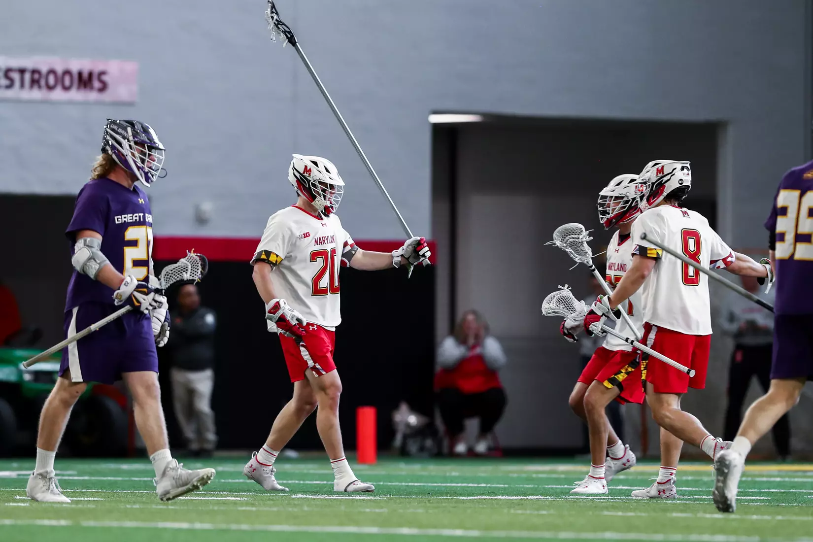 Josh Geppert (20), Roman Puglise (8) and Daniel Maltz (37). Maryland Terrapins vs. the Albany Great Danes at Jones-Hill House in College Park, MD on Saturday March 12, 2022. Taylor McLaughlin/Maryland Terrapins