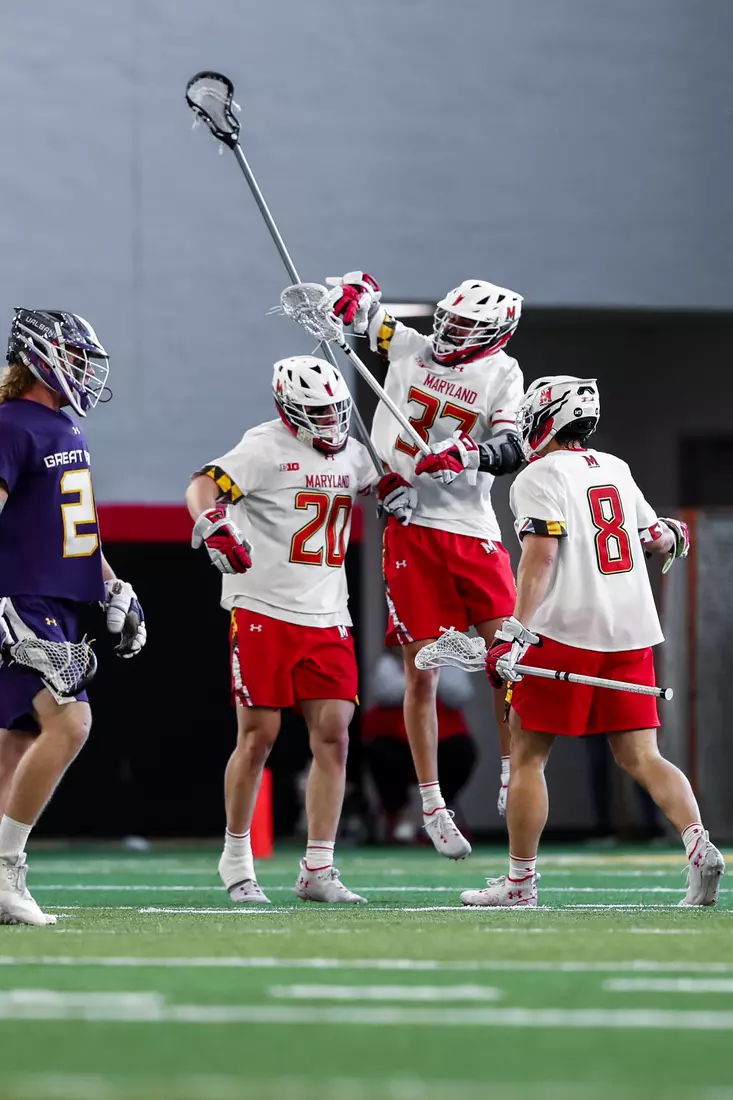 Josh Geppert (20), Roman Puglise (8) and Daniel Maltz (37). Maryland Terrapins vs. the Albany Great Danes at Jones-Hill House in College Park, MD on Saturday March 12, 2022. Taylor McLaughlin/Maryland Terrapins