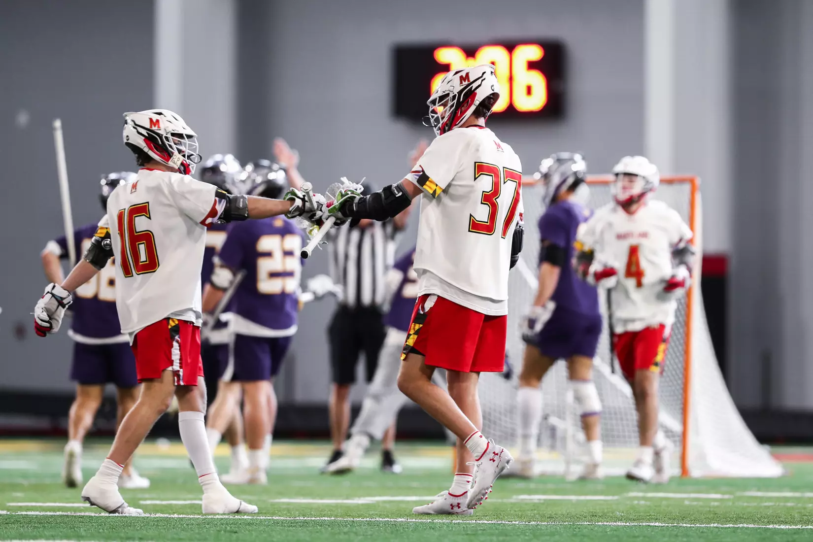 Daniel Maltz (37) and Anthony DeMaio (16). Maryland Terrapins vs. the Albany Great Danes at Jones-Hill House in College Park, MD on Saturday March 12, 2022. Taylor McLaughlin/Maryland Terrapins