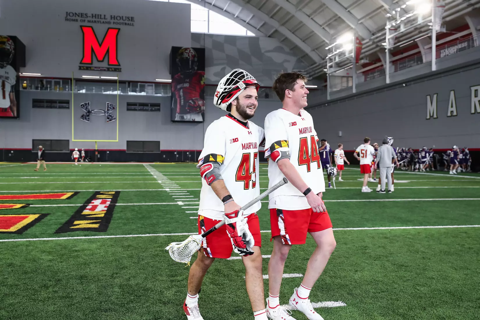 Daniel Kelly (45) and BJ Burlace (44). Maryland Terrapins vs. the Albany Great Danes at Jones-Hill House in College Park, MD on Saturday March 12, 2022. Taylor McLaughlin/Maryland Terrapins