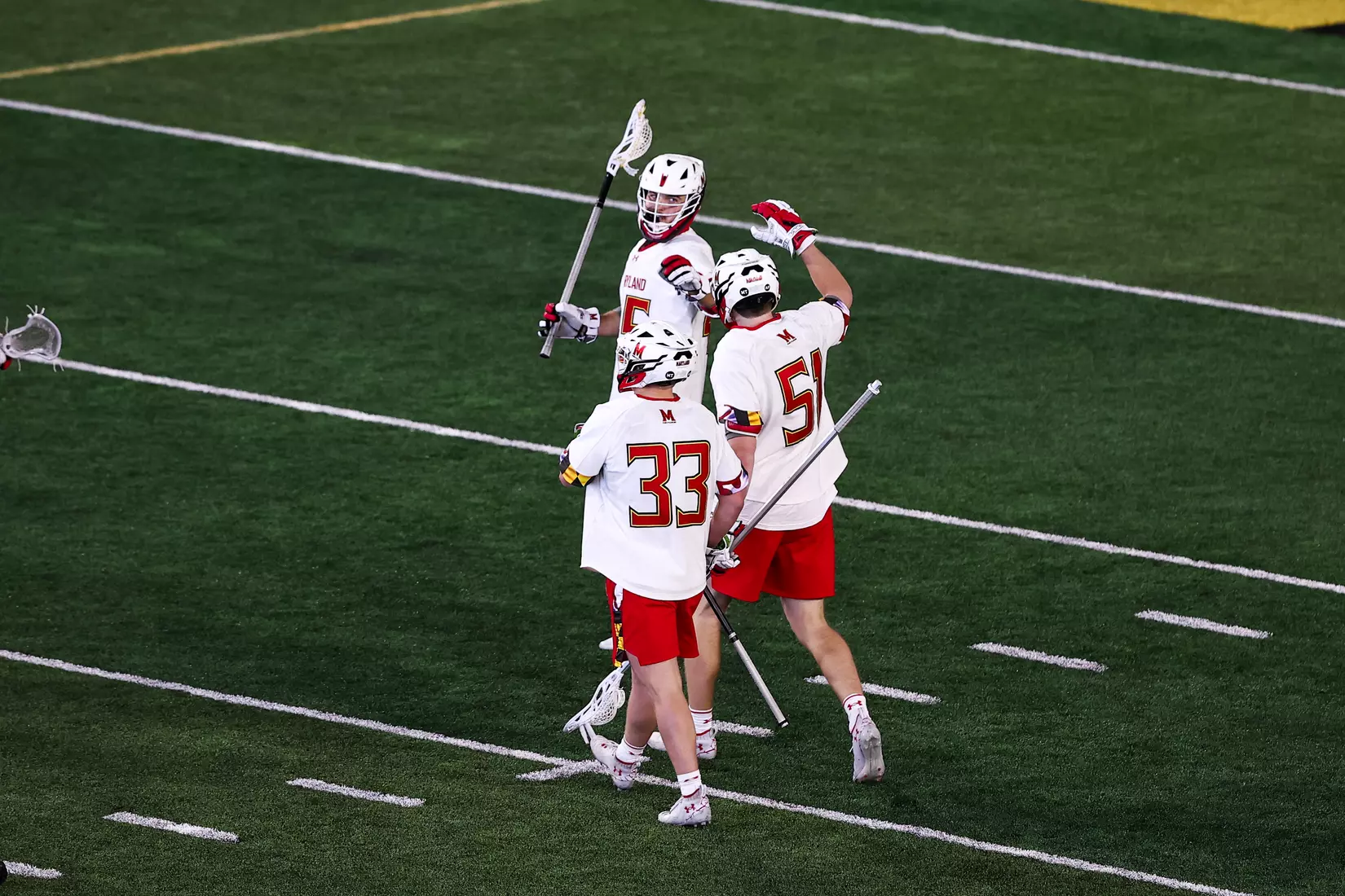 Daniel Kelly (45), Jack McDonald (51) and Alex Wicks (33). Maryland Terrapins vs. the Albany Great Danes at Jones-Hill House in College Park, MD on Saturday March 12, 2022. Taylor McLaughlin/Maryland Terrapins