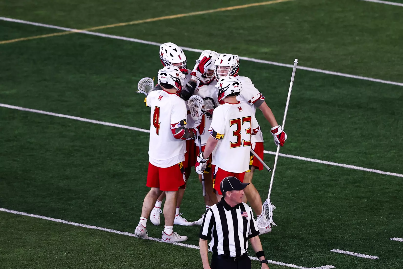 Daniel Kelly (45), Jack McDonald (51), Eric Malever (4) and Alex Wicks (33). Maryland Terrapins vs. the Albany Great Danes at Jones-Hill House in College Park, MD on Saturday March 12, 2022. Taylor McLaughlin/Maryland Terrapins