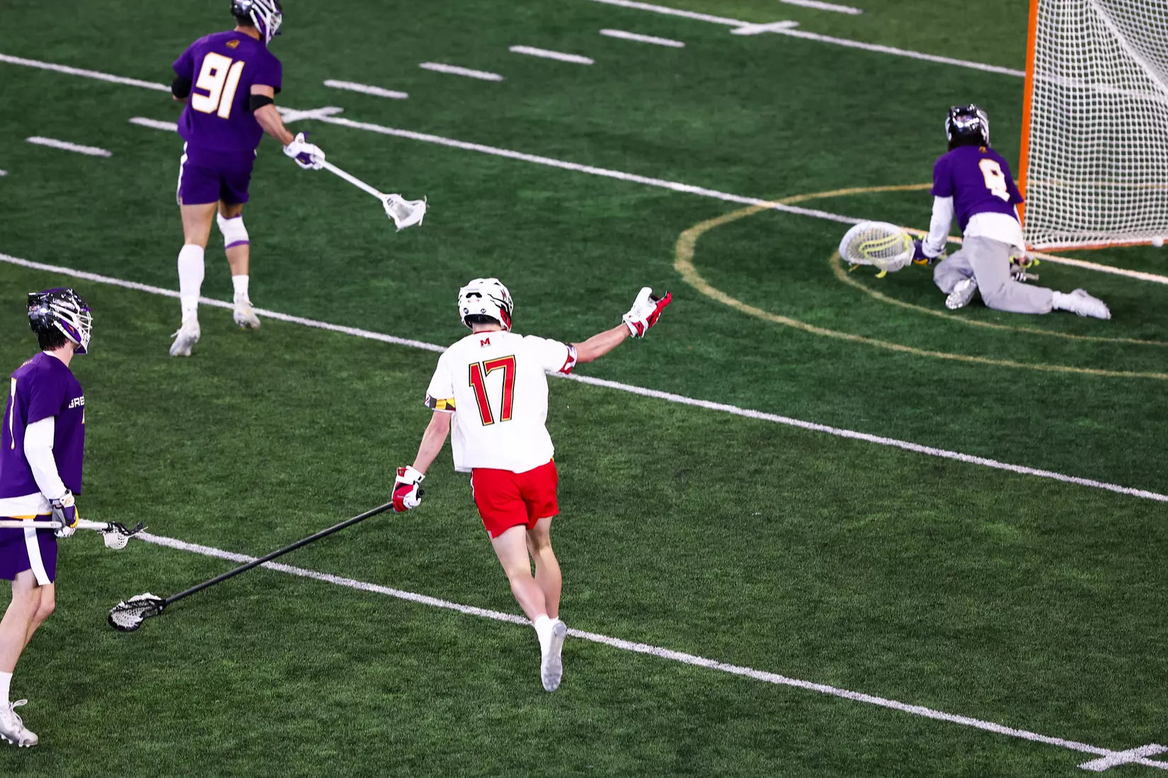 Justin Sherrer (17). Maryland Terrapins vs. the Albany Great Danes at Jones-Hill House in College Park, MD on Saturday March 12, 2022. Taylor McLaughlin/Maryland Terrapins
