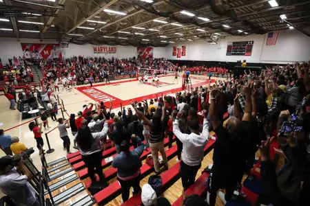 Fans celebrate Maryland winning the first set.
Maryland Terrapins vs. No. 2 Wisconsin Badgers at The Pavilion in Xfinity Center on Friday, Sept. 24, 2021.
Zach Bland/Maryland Terrapins