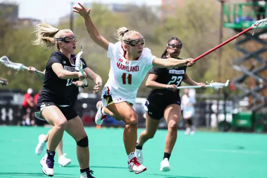 Aiden Peduzzi (11). Maryland Terrapins vs. Northwestern Wildcats at Maryland Lacrosse Complex in College Park, MD on Saturday, April 23, 2022. (Zach Bland/Maryland Athletics)