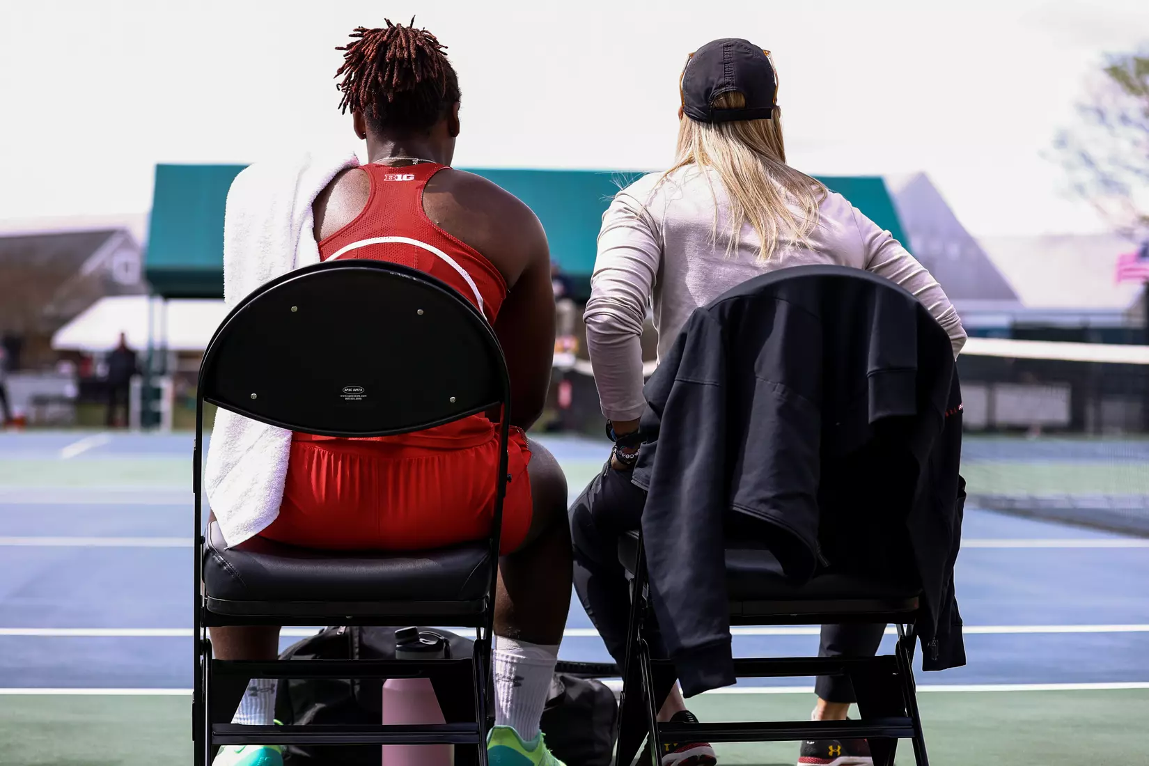 Head Coach Katie Dougherty and Mary Brumfield. Maryland Terrapins vs. Minnesota Golden Gophers in College Park, MD on April 3, 2022. Taylor McLaughlin/Maryland Athletics