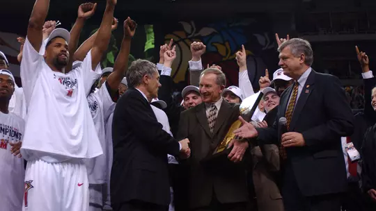 Gary Williams accepting the National Championship trophy