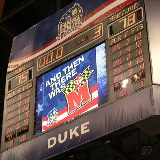 The final score on the scoreboard at TD Garden following Maryland women's basketball's 78-75 OT win over Duke