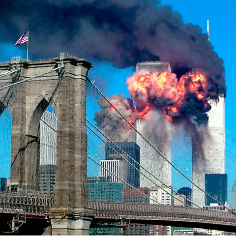 Sept. 11, 2001 Twin Towers on fire from George Washington Bridge