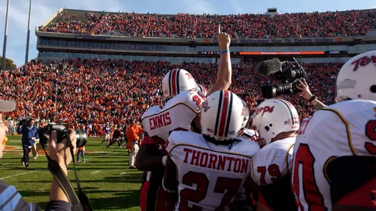 Dan Ennis celebrates after kicking the game-winning field goal at Clemson in 2006