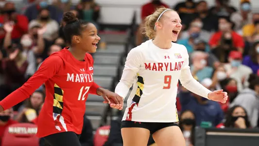Defensive specialist/Libero Milan Gomillion (12), Outside hitter Paula Neciporuka (9). Maryland Terrapins vs. No. 2 Wisconsin Badgers at The Pavilion in Xfinity Center on Friday, Sept. 24, 2021. Zach Bland/Maryland Terrapins