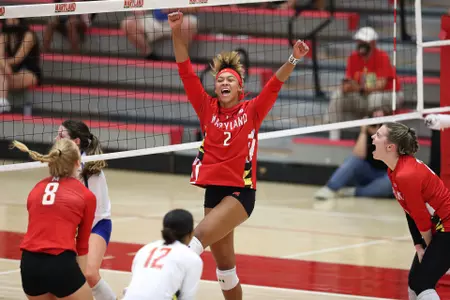 Middle blocker Rainelle Jones (2). Maryland Terrapins Volleyball vs. Central Connecticut State Blue Devils at The Pavilion in College Park, MD on Saturday, Aug. 28, 2021. Zach Bland/Maryland Terrapins