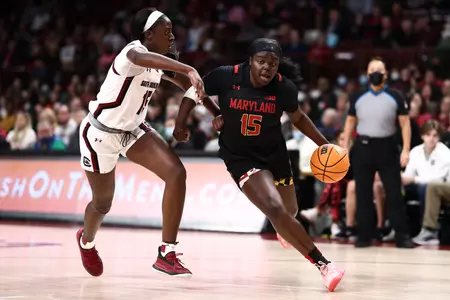 Ashley Owusu (15). NCAA WBB: #8 Maryland Terrapins vs. #1 South Carolina Gamecocks at Colonial Life Arena in Columbia, SC on Sunday, Dec. 12, 2021. Zach Bland/Maryland Terrapins