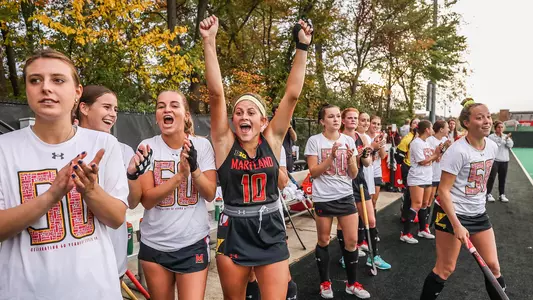 Midfielder Belle Bressler (10)Maryland Terrapins celebrate the B1G Championship win against Rutgers at the Field Hockey Complex in College Park, MD on Sunday, Oct. 16, 2022. Mackenzie Miles/Maryland Terrapins