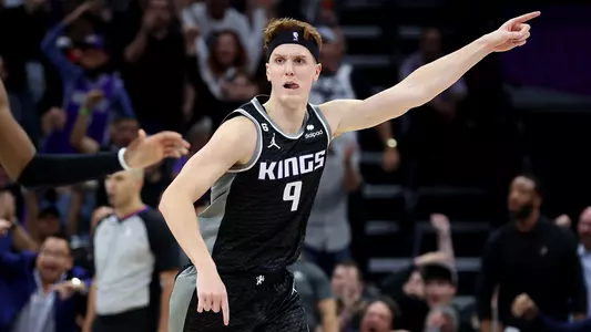 SACRAMENTO, CALIFORNIA - OCTOBER 19: Kevin Huerter #9 of the Sacramento Kings reacts during their game against the Portland Trail Blazers at Golden 1 Center on October 19, 2022 in Sacramento, California. NOTE TO USER: User expressly acknowledges and agrees that, by downloading and or using this photograph, User is consenting to the terms and conditions of the Getty Images License Agreement. (Photo by Ezra Shaw/Getty Images)