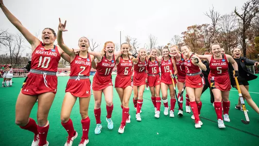 Forward Sam Zwyna (2) Midfielder Sophie Klautz (11) Midfielder Maddie Gaughan (6) Forward Bibi Donraadt (12) Midfielder Emma DeBerdine (16) Forward Hope Rose (19) Midfielder Danielle Van Rootselaar (1) Midfielder Carly Hynd (3) Midfielder Belle Bressler (10) Midfielder Nathalie Fiechter (5) Maryland Terrapins vs. Liberty University at Maryland Field Hockey and Lacrosse Complex in College Park, MD on Friday, Nov. 11, 2022. Chris Lyons/Maryland Terrapins