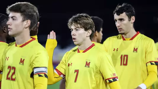 Defender Nick Richardson (22), Foward Hunter George (7), Forward Stefan Copetti (10) Maryland Terrapins vs. Indiana University at Ludwig Field in College Park, MD on Wednesday, Nov. 9, 2022. Riley Rumbley/Maryland Terrapins