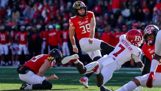 Chad Ryland (38) and Colton Spangler (99).Maryland Terrapins vs. the Rutgers Scarlet Knights at SECU Stadium in College Park, MD on Saturday, November 26, 2022. Taylor McLaughlin/Maryland Athletics